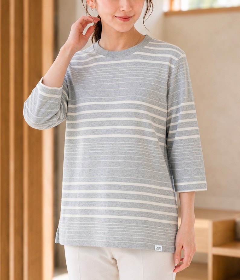 天竺ボーダー 6分袖Tシャツ サイドスリットディテール