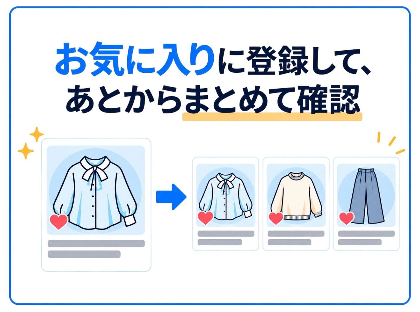 お気に入りに登録した商品をあとからまとめて確認するイラスト