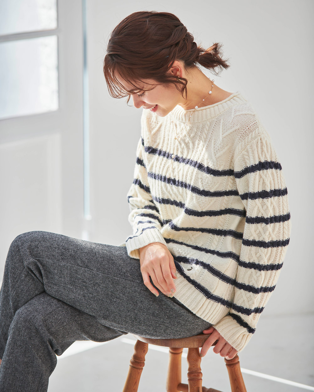 【カレンソロジー】ラムズアランニットカーディガン ブルーグレー ケーブル柄 新品タグ付✨️カレンソロジーラムズアランニットカーディガン