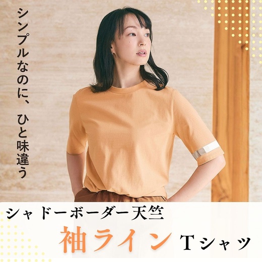 【レディース】シンプルなのに、ひと味違う。シャドーボーダー天竺 袖ラインＴシャツ