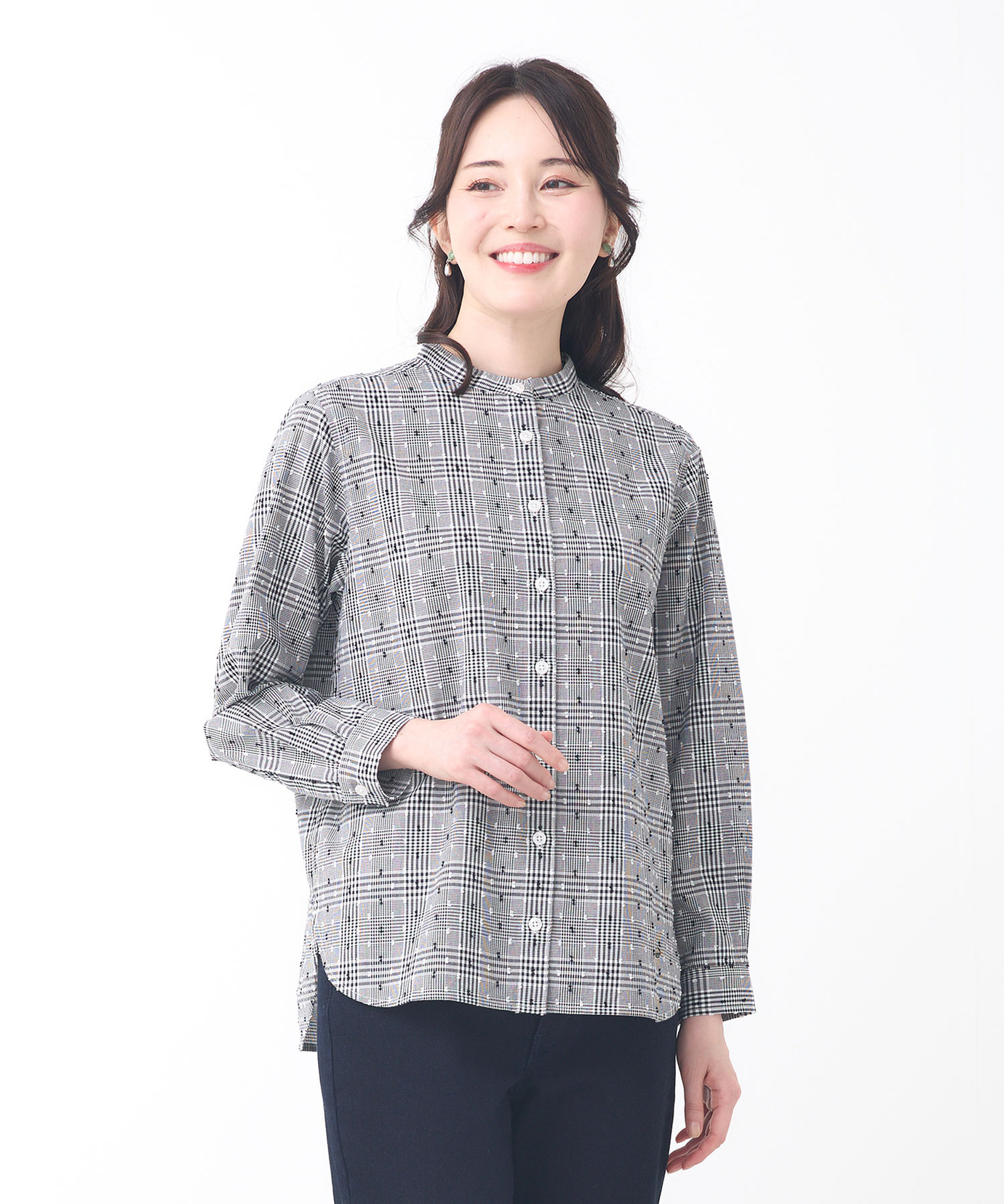 H＆by POOL スタンドカラーブラウス　ダークグレー✕黒ストライプ Spick＆Span ブラウス シャツ シアーストライプスタンドカラー