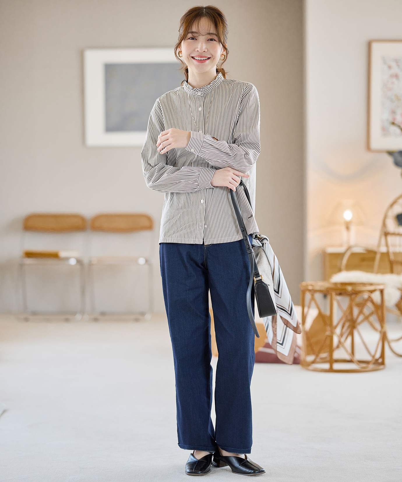 レディース フリルカラー ストライプ ブラウス通販 [0101-55114