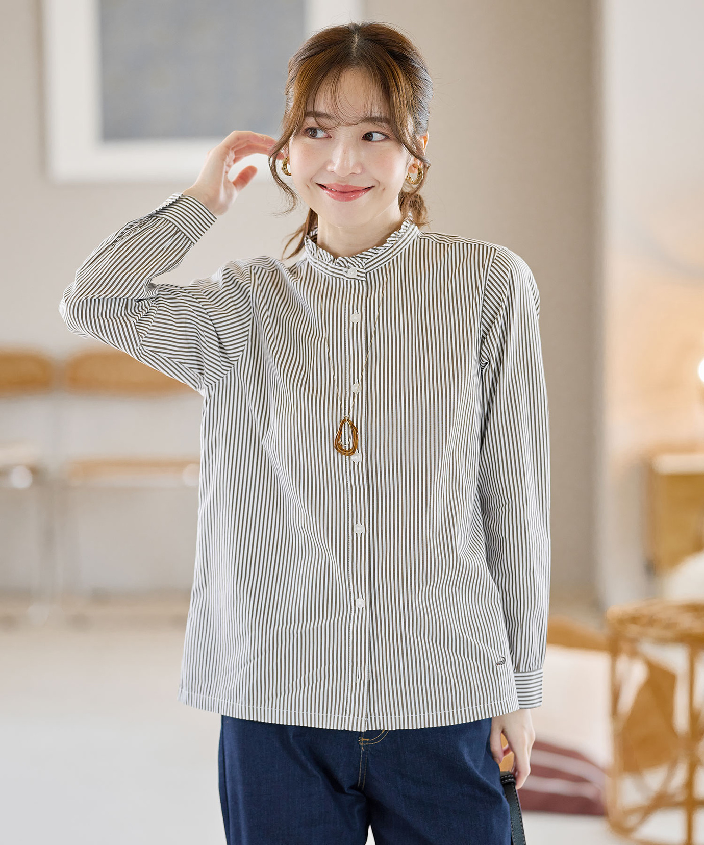 Crocodile グレー赤ストライプ セーター Mサイズ　ボーダーポロシャツ型 レディース チェック柄 リブ配色 プルオーバー通販 [0302-55226