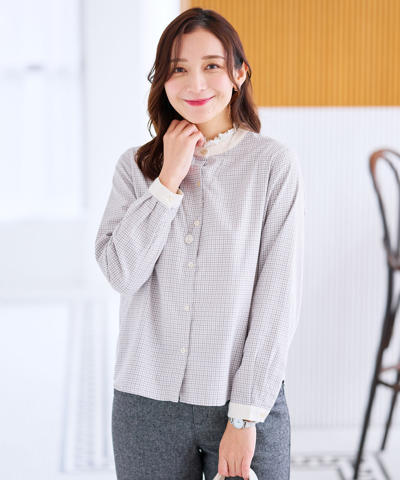 レディース バンドカラー チェック柄 ブラウス通販 [0101-56100