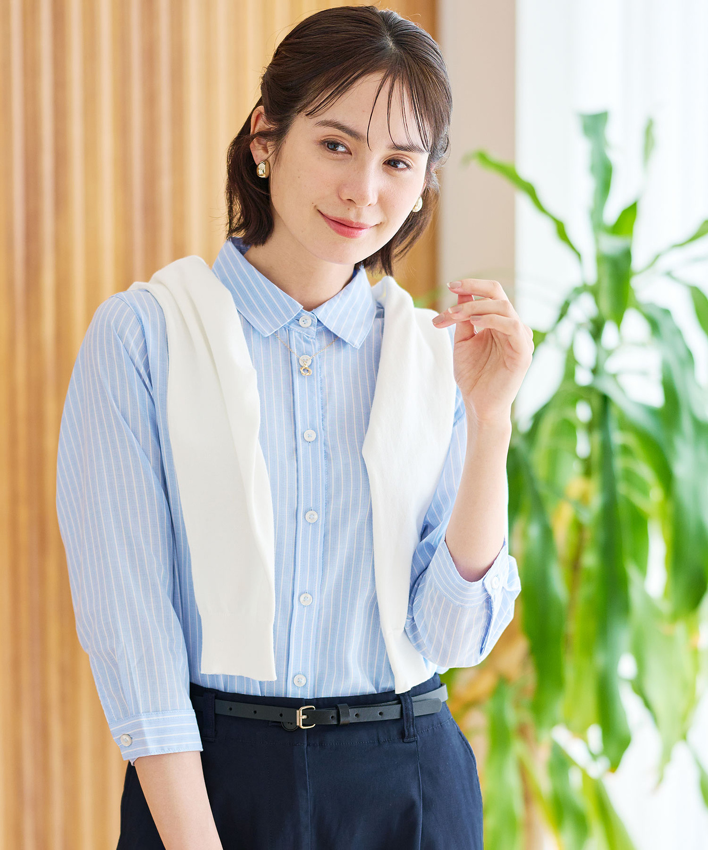 国産　新品　ミセス　タイプライター　ストライプ　ブラウス　９分袖 ストライプシャツブラウス | 京都通販ミセスのファッション館・本店