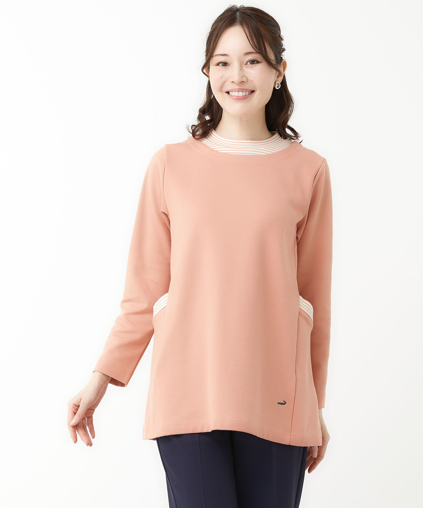 レディース コットンブレンド ドッキング ハイネックチュニック