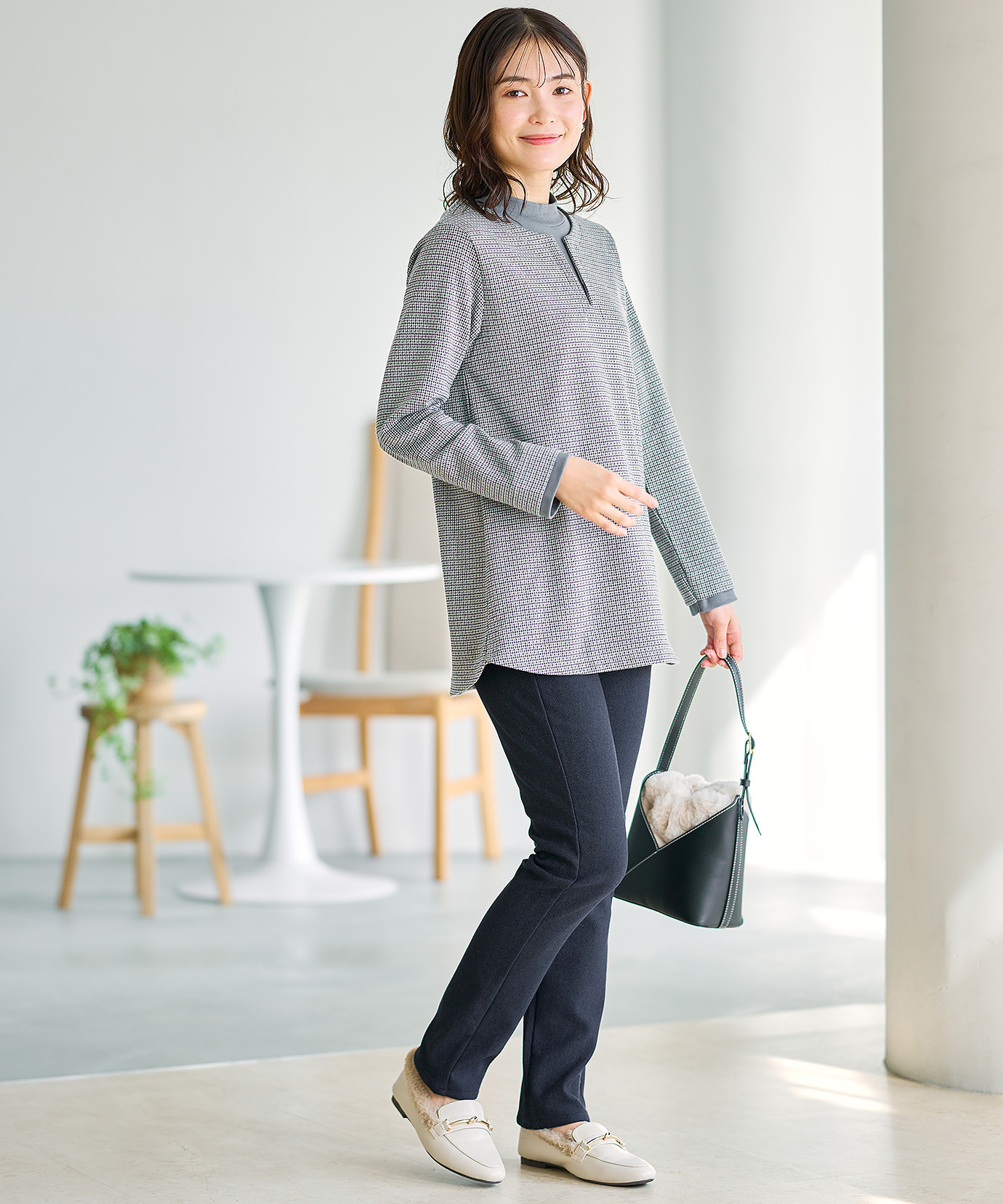 PWA UNI-02/L グレー　千鳥柄 レディース 千鳥柄ドッキング デザインカットソー通販 [0102-56203