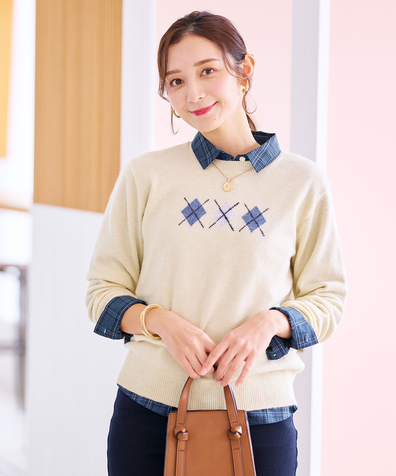 レディース ウールブレンド アーガイル ニット【手洗いOK】通販 [0103