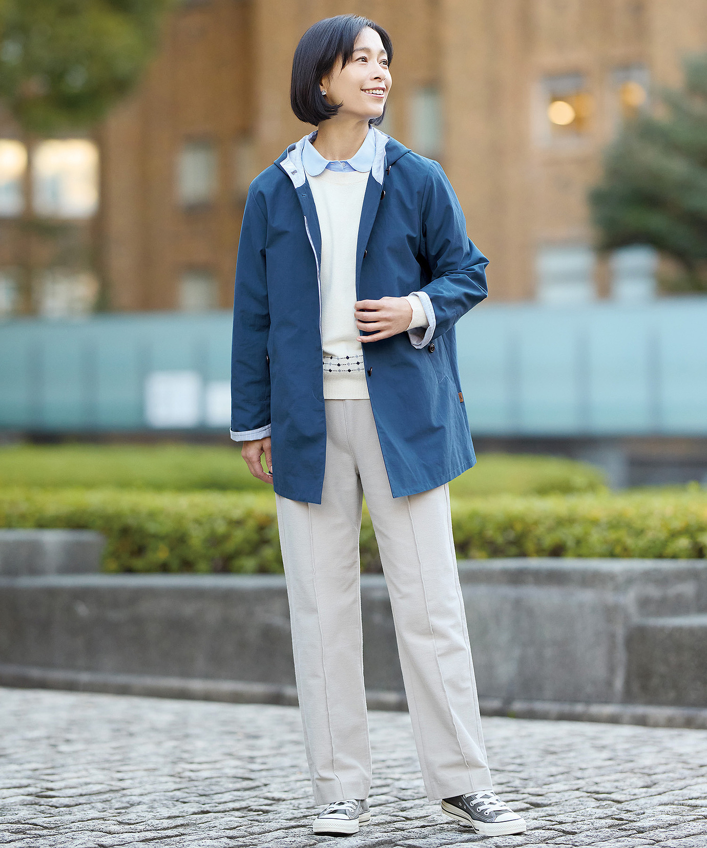 クロコダイル　メモリーバイカラーフーデットアウター レディース ストライプ バイカラー コート通販 [0104-61401