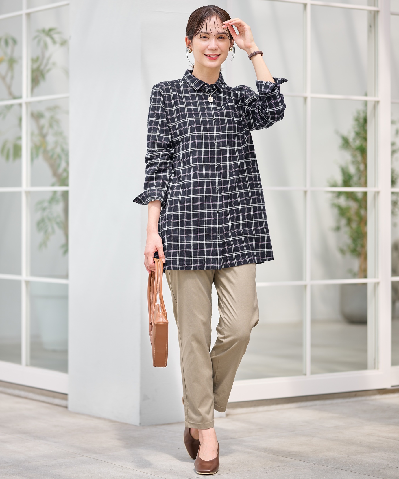 レディース 微起毛 チェック柄 チュニック【オンラインショップ限定】通販 [0121-56771] - クロコダイル(CROCODILE)  公式通販サイト タバサ　チェック　格子柄ブラウス チュニック丈　麻100% ５分袖