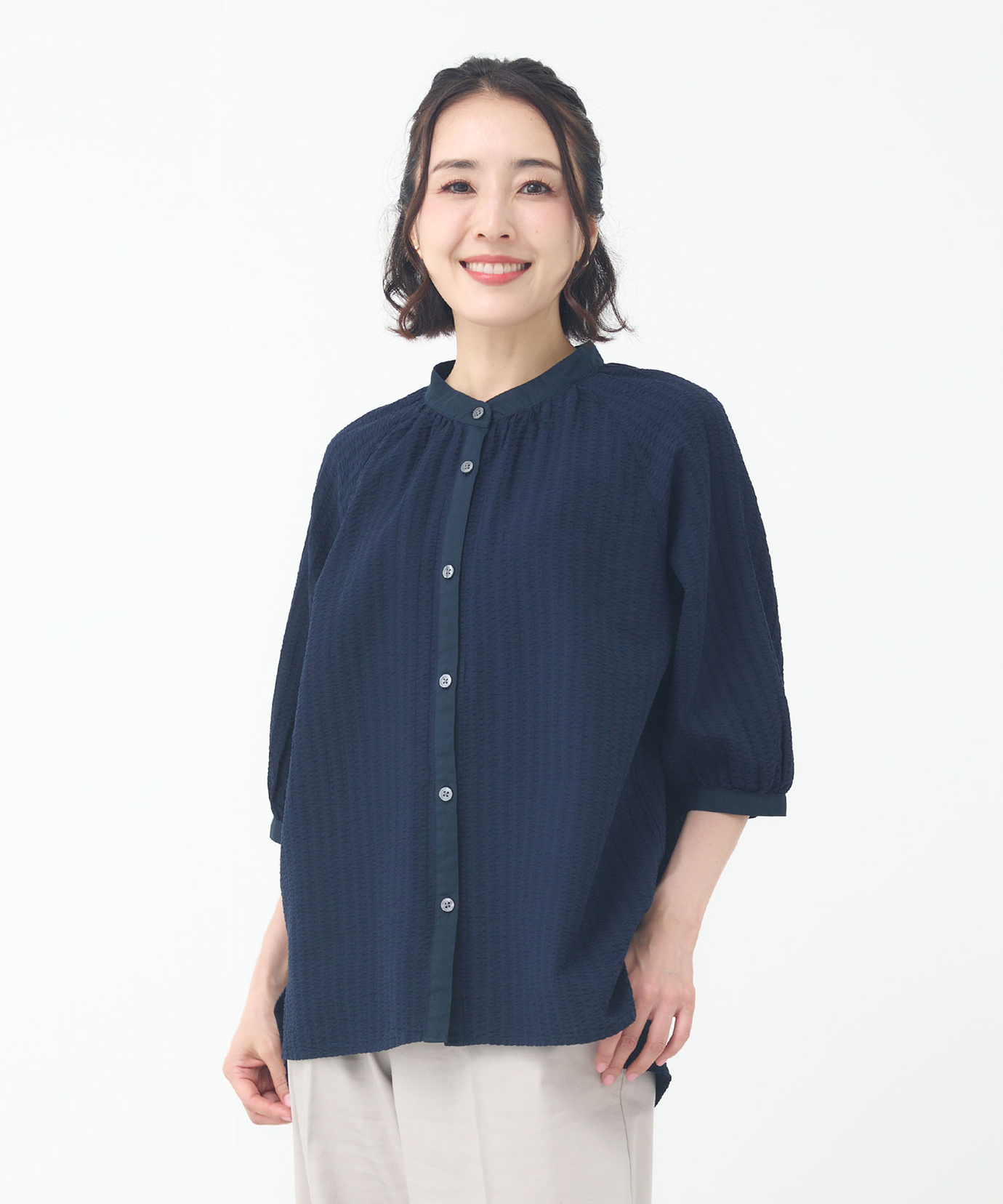 新品未使用　allureville 幾何学柄 バイカラー 総柄　M　ブラウス 幾何学柄 異素材ブラウス | 京都通販ミセスのファッション館・本店