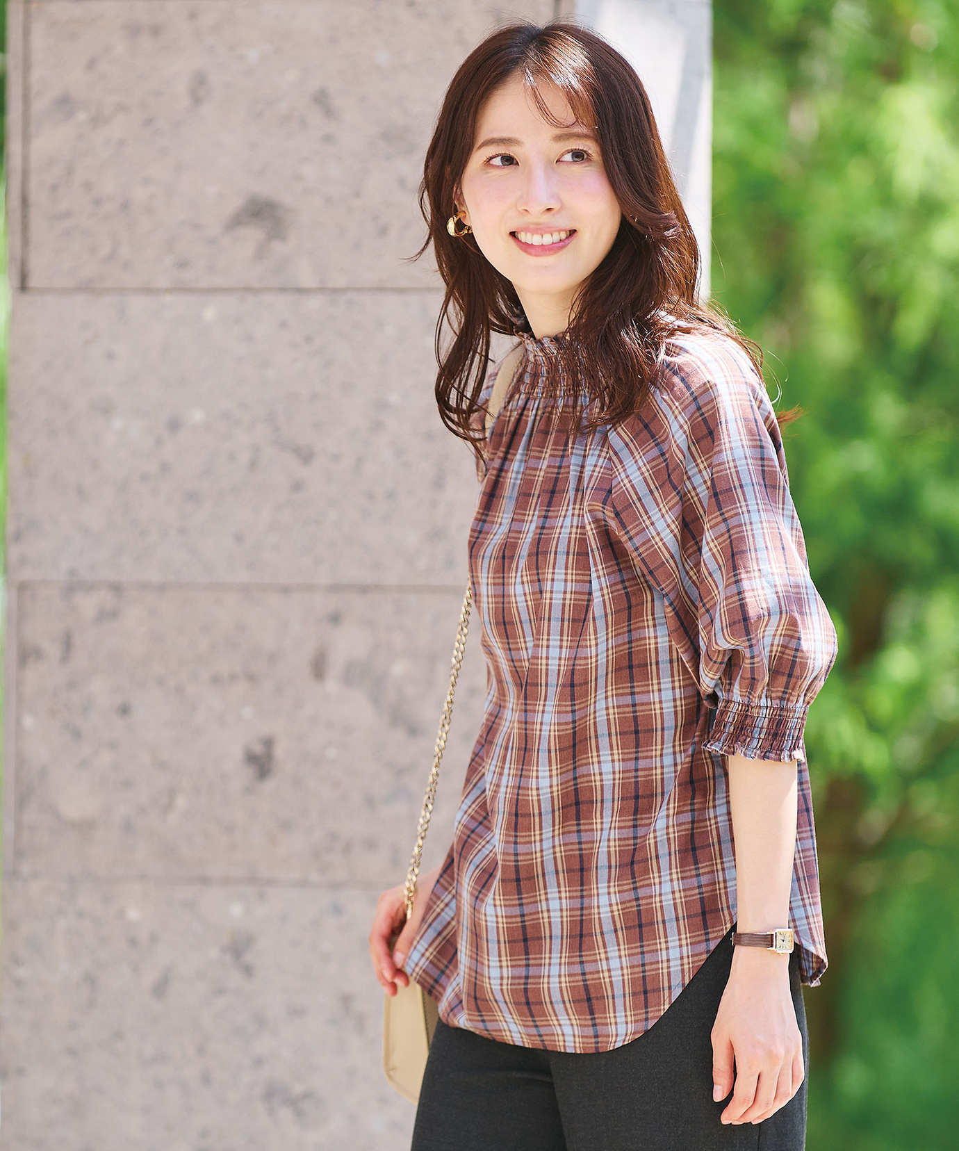 レディース シャーリング 2WAY チェックブラウス通販 [0201-55150