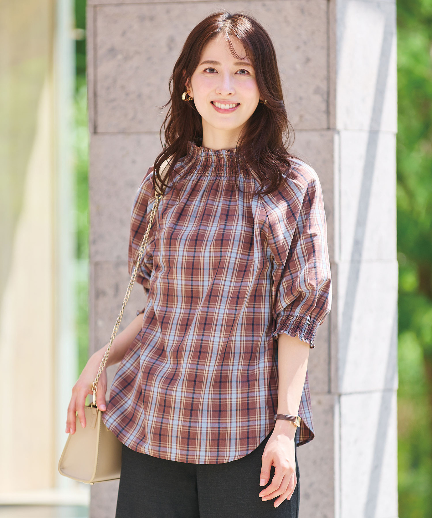 レディース シャーリング 2WAY チェックブラウス通販 [0201-55150