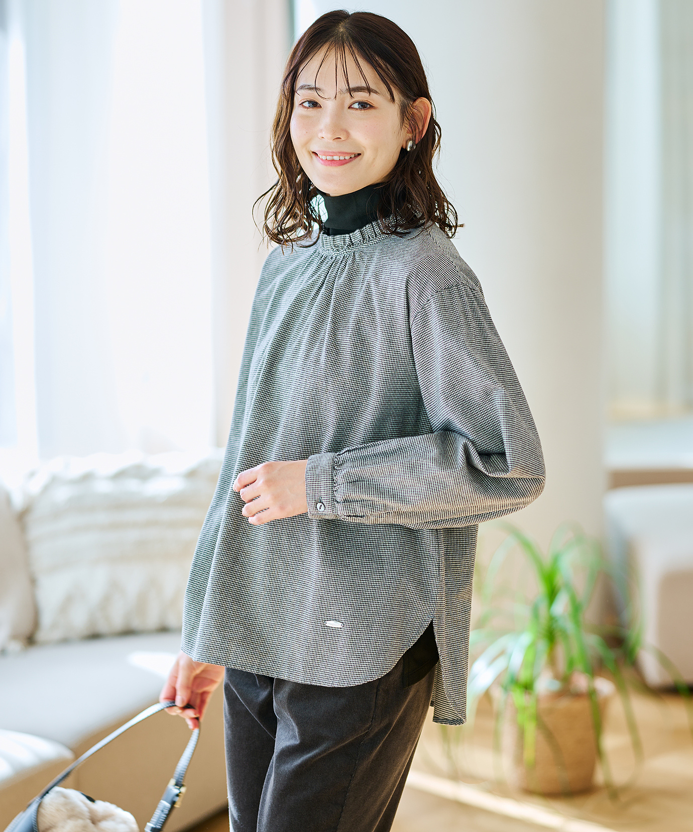 レディース フロントギャザー 千鳥柄 ブラウス通販 [0201-58151