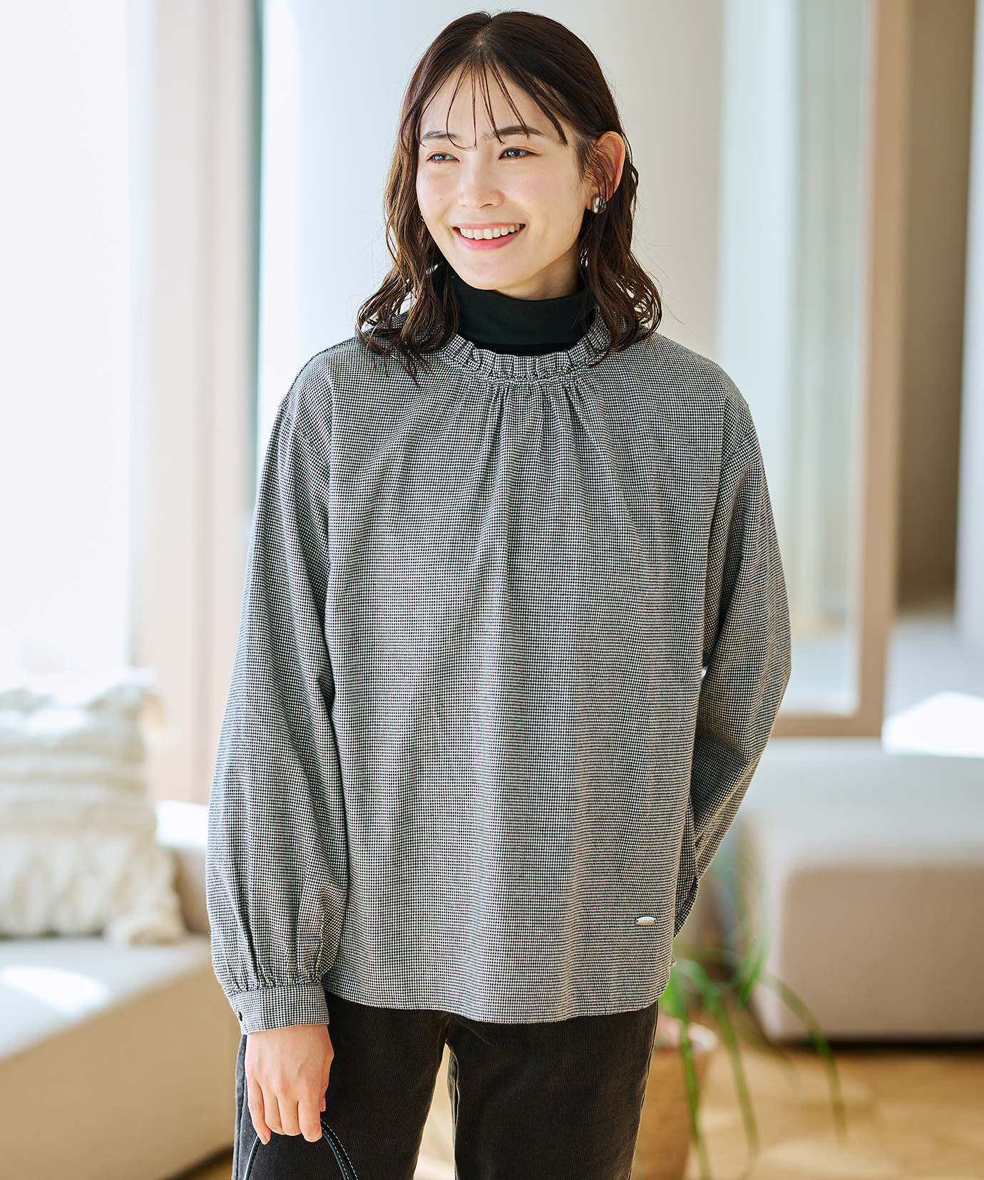 レディース フロントギャザー 千鳥柄 ブラウス通販 [0201-58151