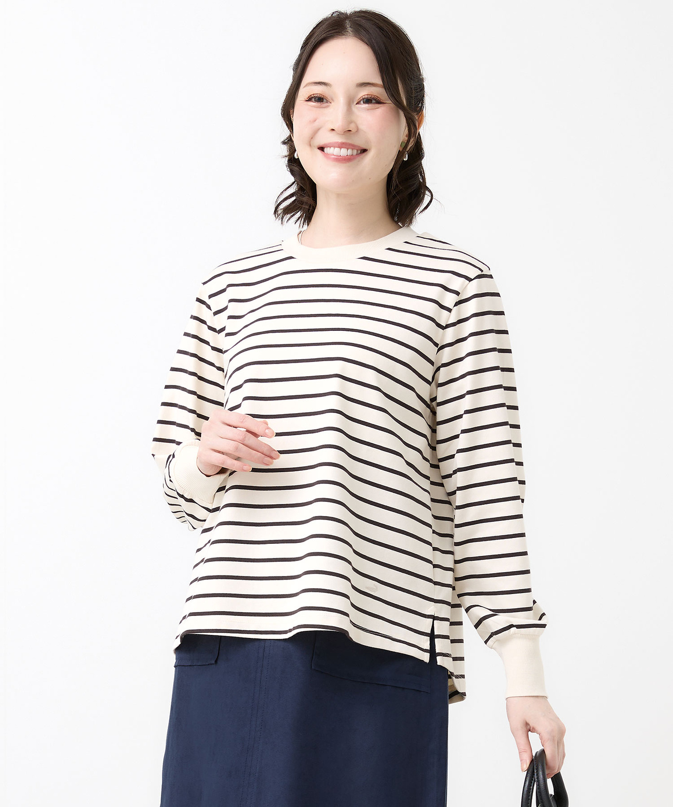 レディース リブ切り替え ボーダー ロングTシャツ通販 [0202-65255