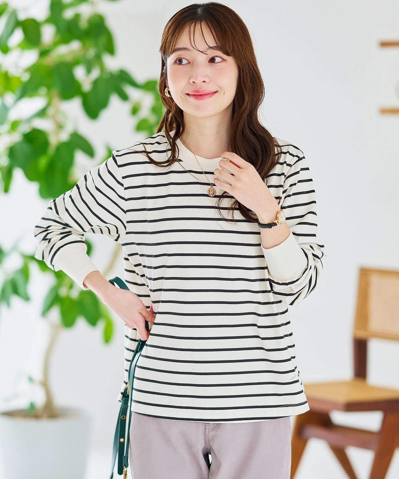 レディース リブ切り替え ボーダー ロングTシャツ通販 [0202-65255