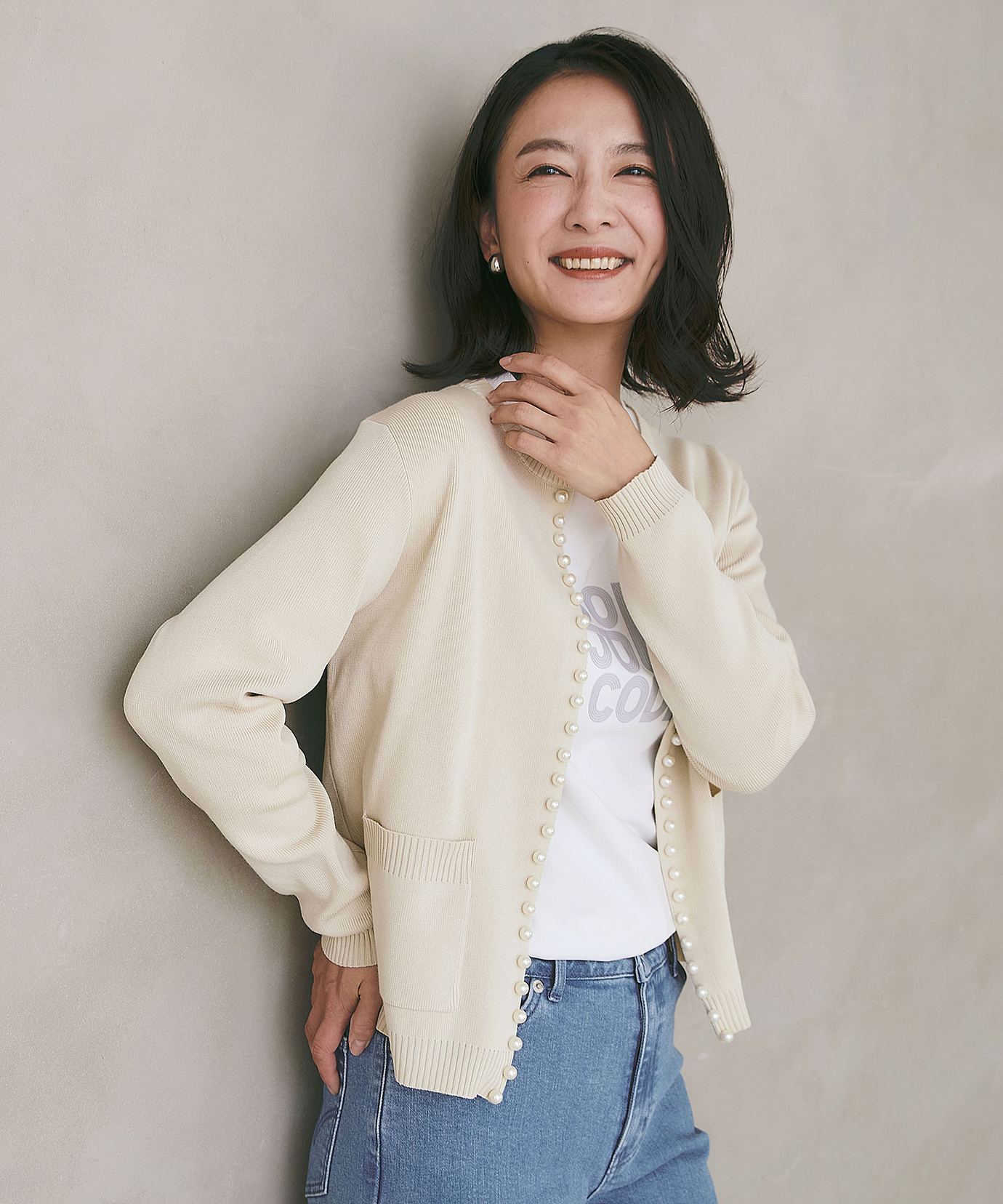 レディース コットンブレンド パール カーディガン通販 [0203-51355