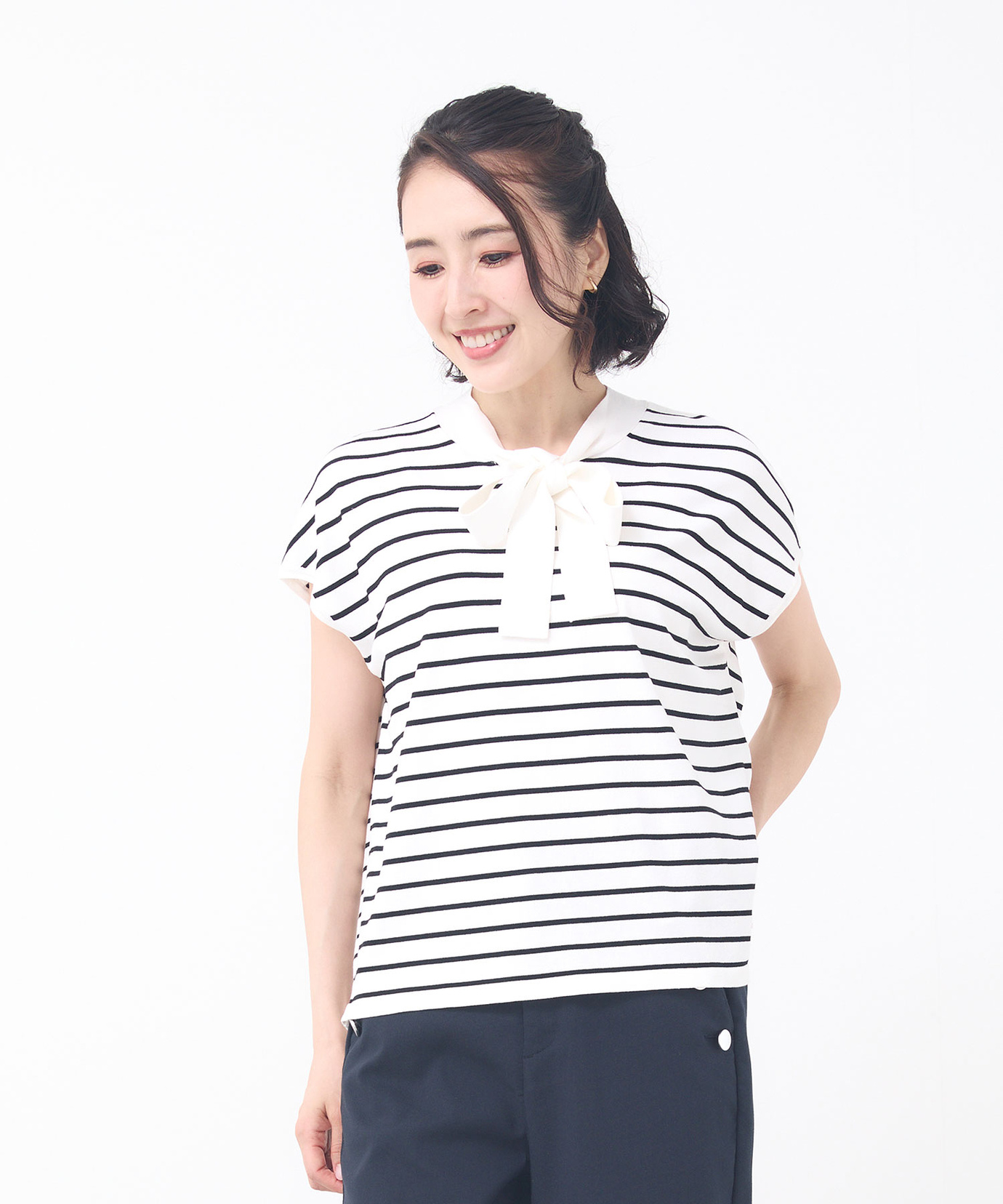 レディース ボウタイ ボーダー ニット通販 [0203-53355