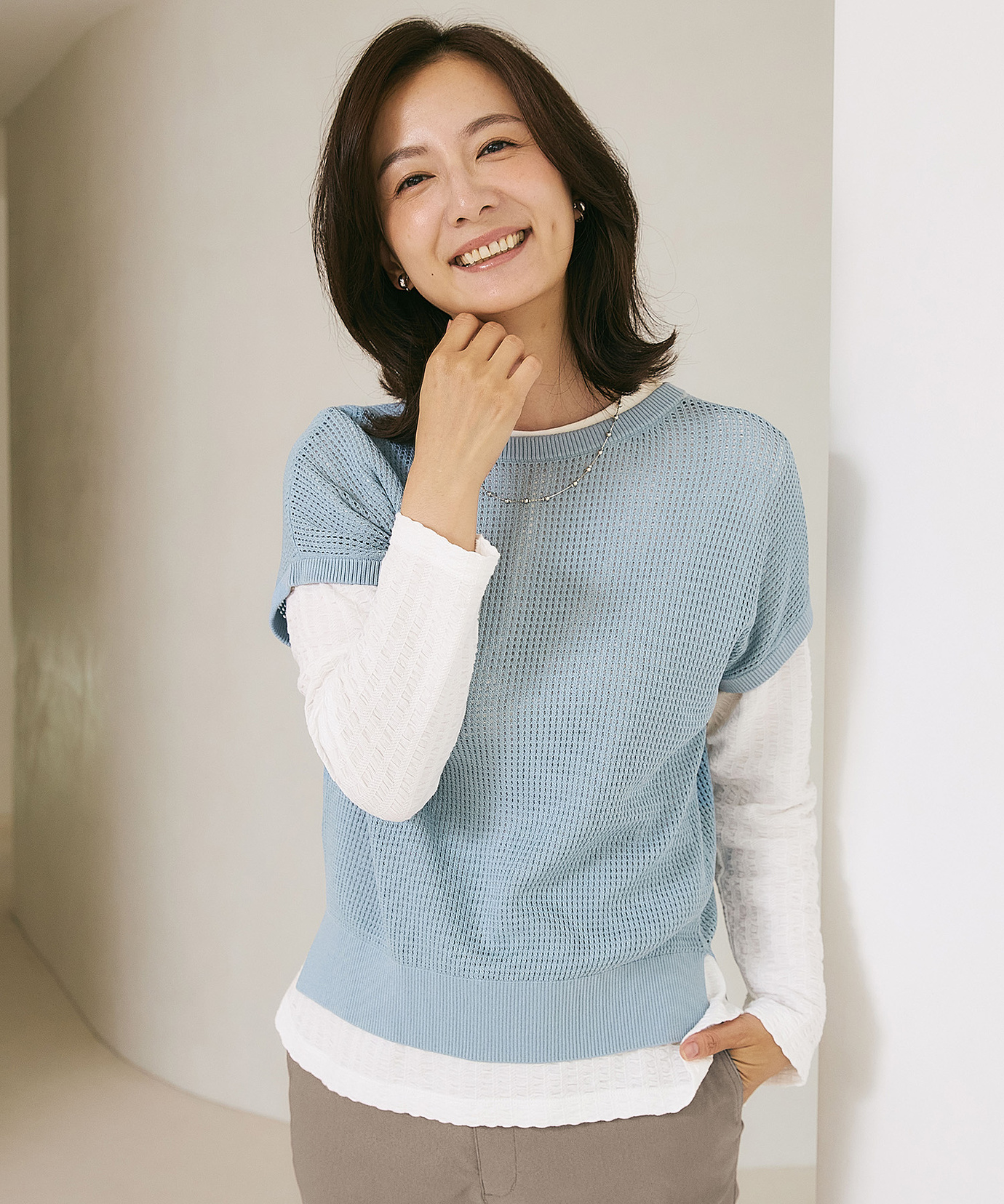 2025SS✨ルネ リブニットカーディガン パールボタン フリル襟 34 水色 2025SS✨ルネ リブニットカーディガン パールボタン フリル襟 34 水色