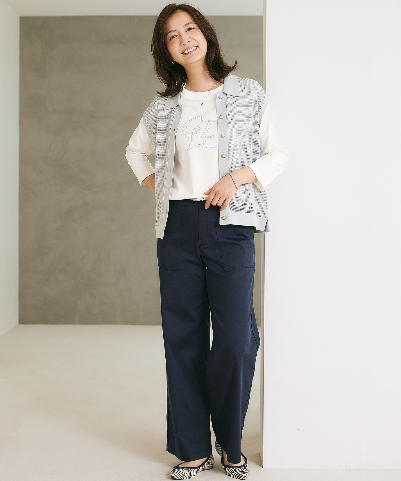 アルベロベロ オレボレブラ ネイビー メッシュ編み 五分袖 セーター