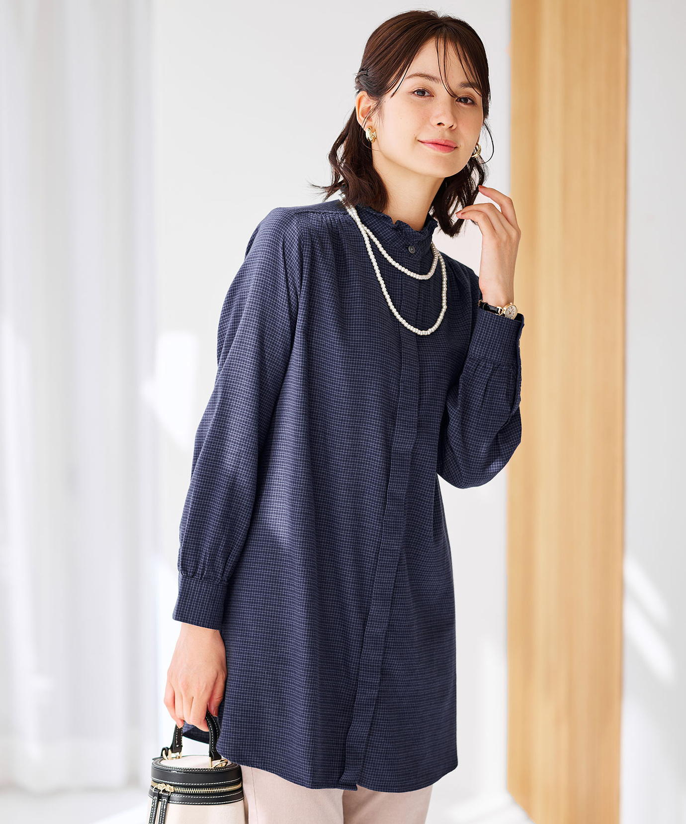 レディース 起毛 襟フリル チェックチュニック通販 [0221-57750