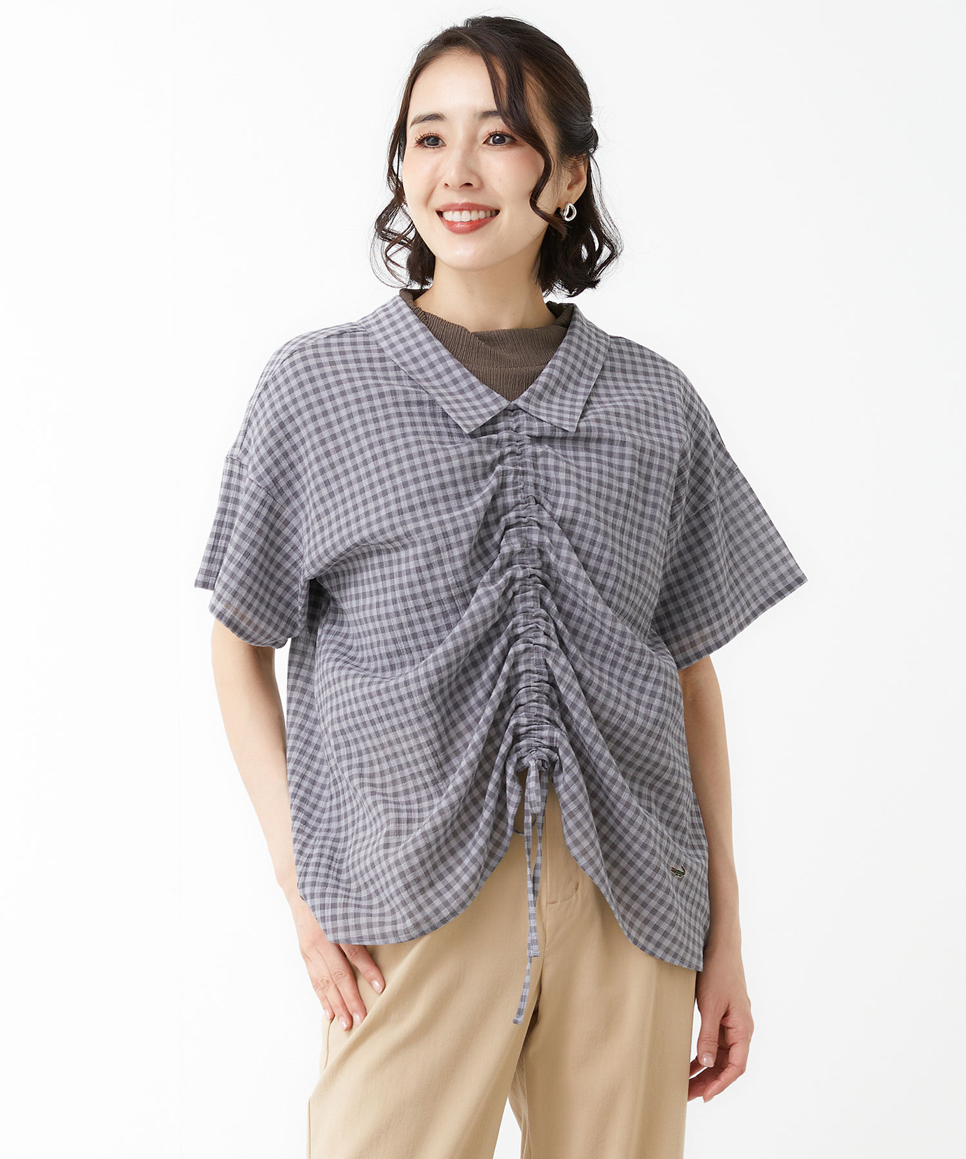 レディース フロントギャザー チェック ブラウス通販 [0301-53118