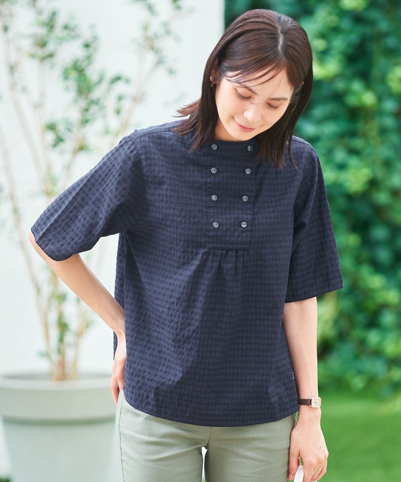 レディース ダブルボタン チェック ブラウス通販 [0301-54102