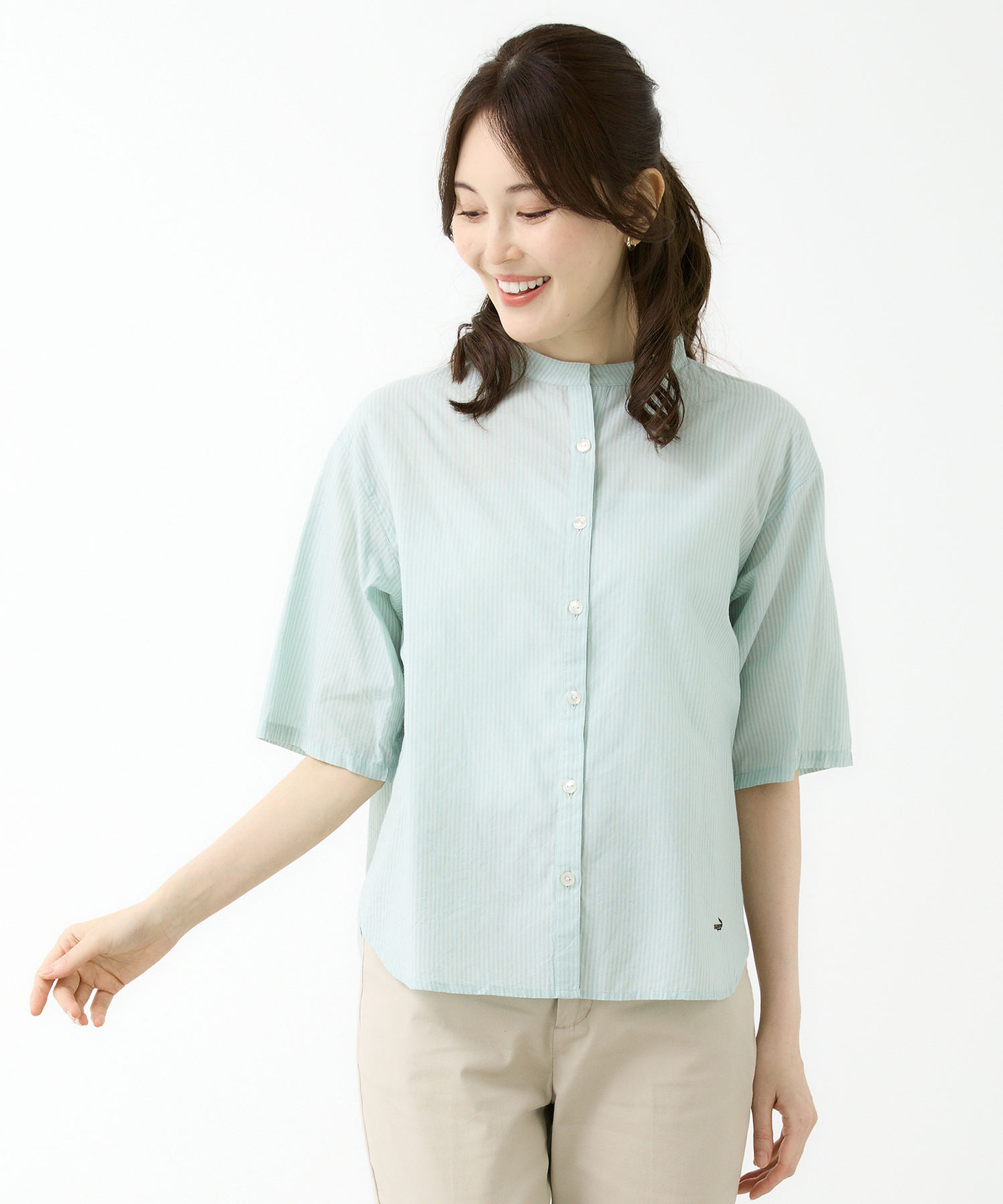 レディース バンドカラー ストライプ ブラウス通販 [0301-54103