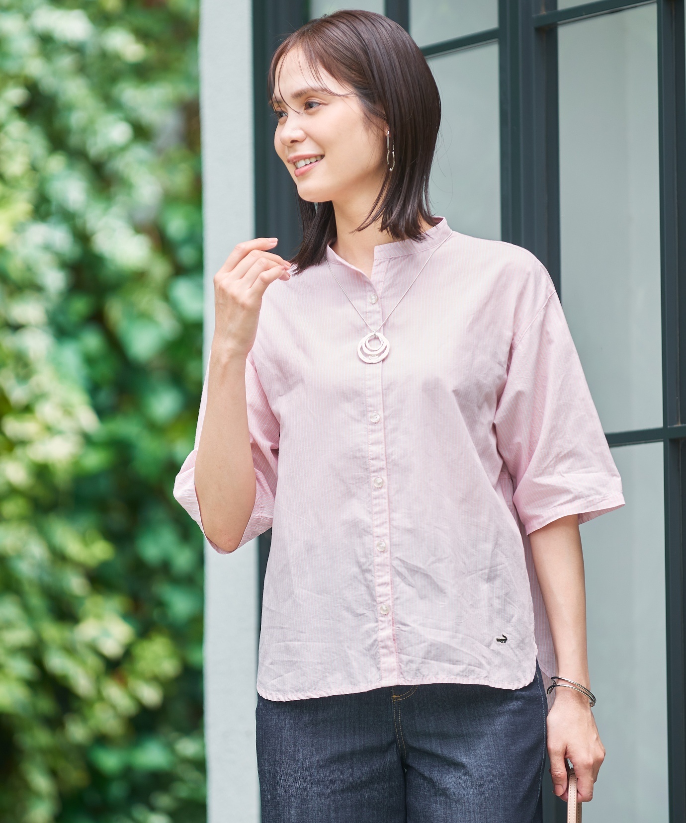 レディース バンドカラー ストライプ ブラウス通販 [0301-54103