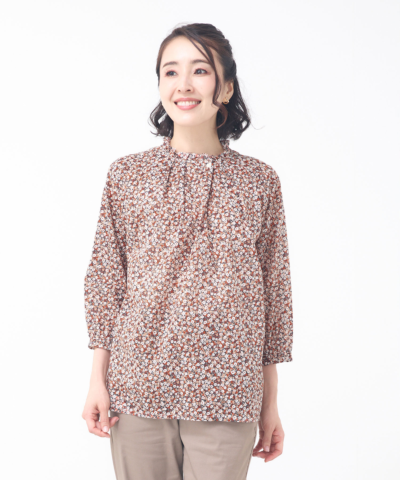 レディース 小花柄プリント 七分袖 ギャザーブラウス 【JAPAN