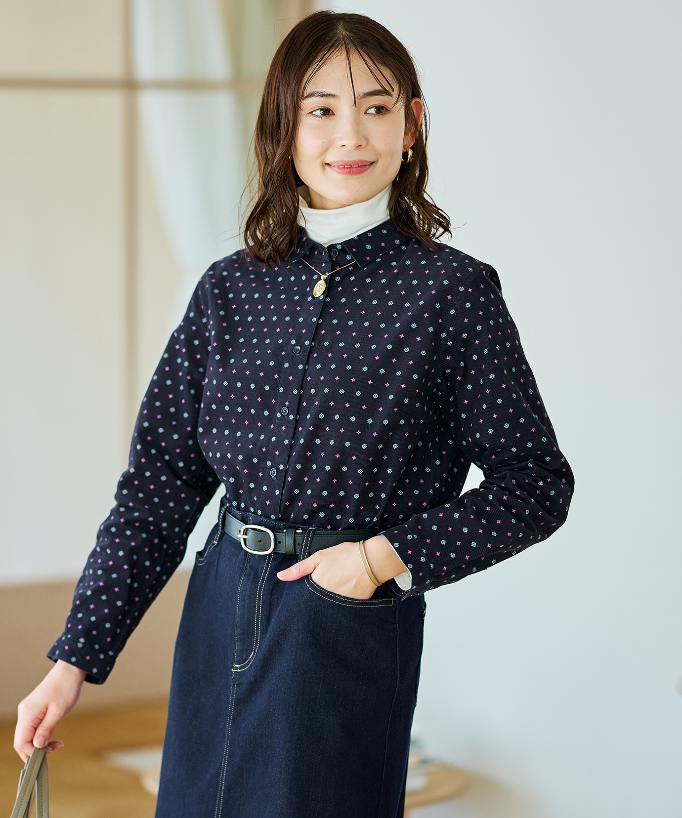極美品 J.PRESS ジオメトリックプリント 小紋柄 ブラウス 5分袖 