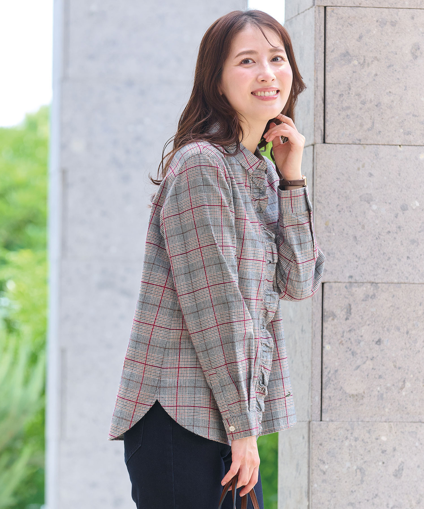 レディース 比翼フリル グレンチェック ブラウス通販 [0301