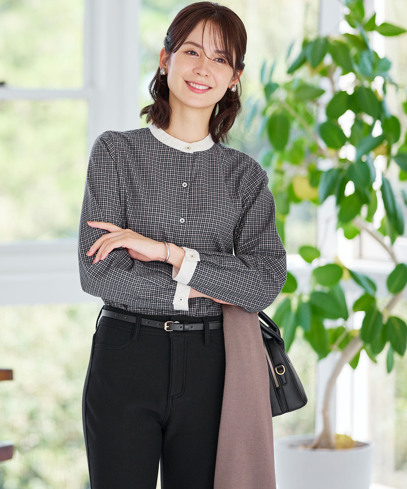 レディース バンドカラー チェック柄 ブラウス通販 [0301-56100