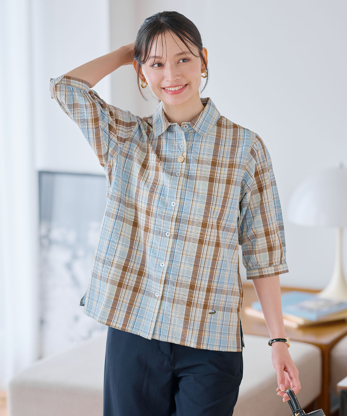 トムブラウン　Tシャツ　水色チェック柄　2枚セット 140cm 150cm レディース サッカー マドラスチェック ブラウス通販 [0301-63113