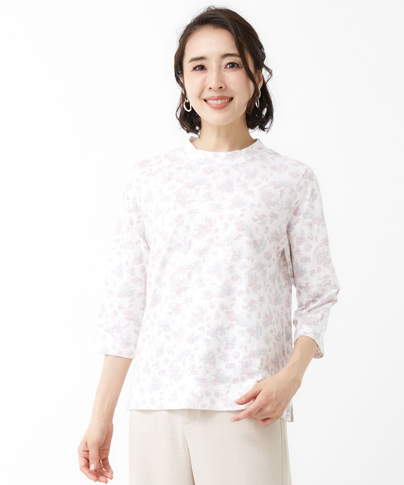 レディース 花柄 ハイネック 七分袖カットソー通販 [0302-53206