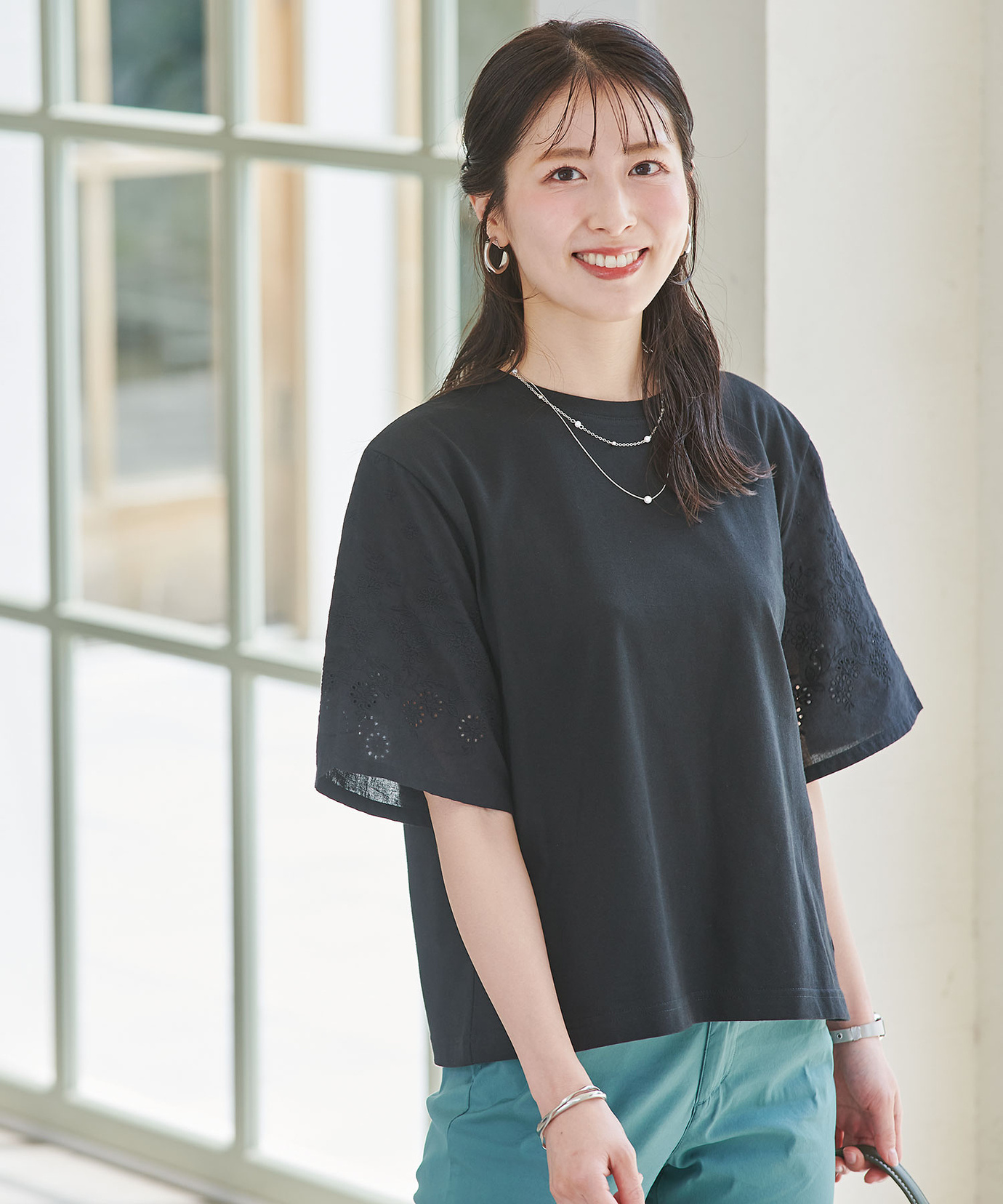 レディース コットン 五分袖 刺繍 Tシャツ通販 [0302-53220