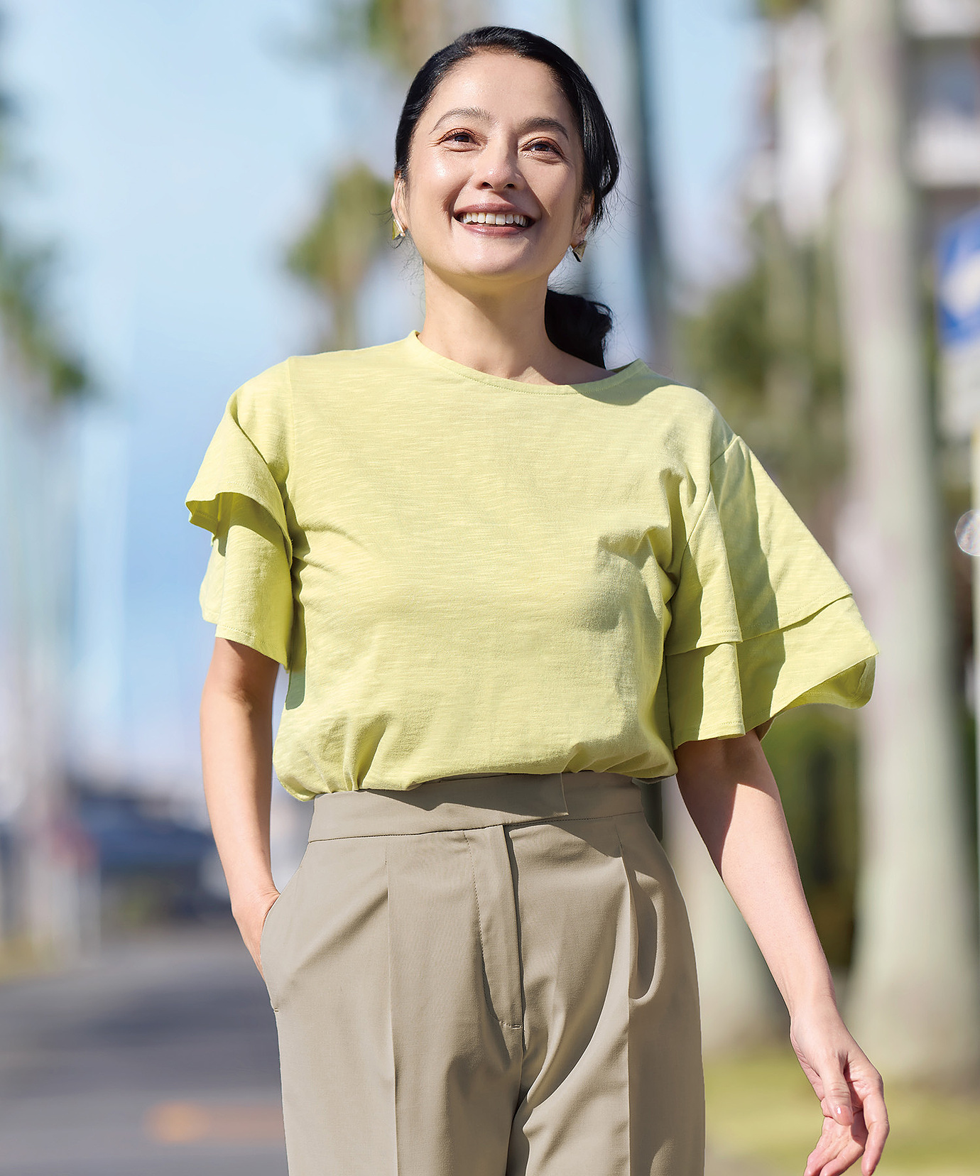 レディース スラブ天竺 フリルスリーブ Tシャツ通販 [0302-53226