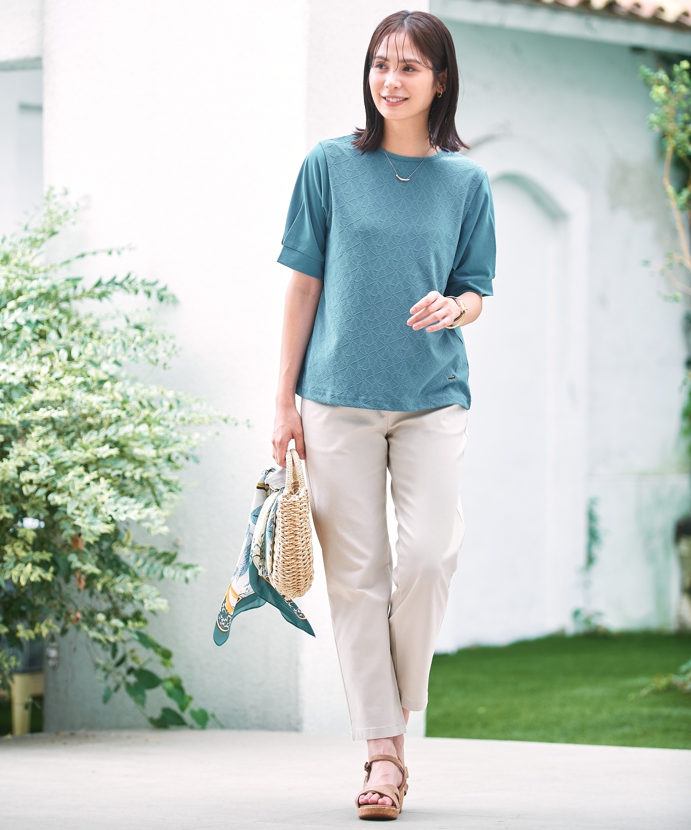 レディース レース柄 ジャカード 五分袖カットソー通販 [0302-54205