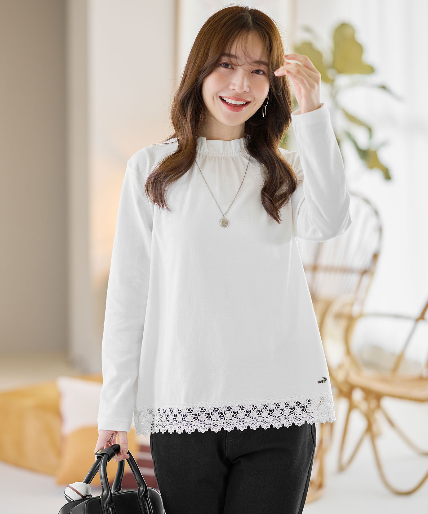 レディース 裾レース ハイネック プルオーバー通販 [0302-55212