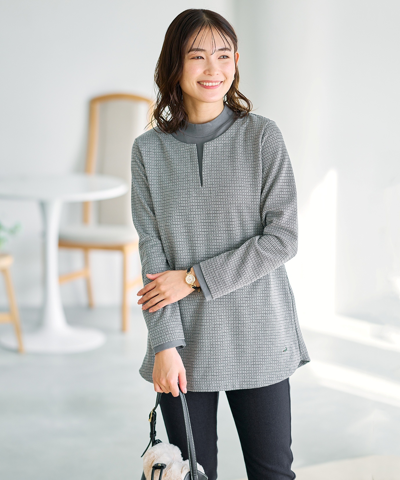 レディース 千鳥柄 ドッキング チュニック通販 [0302-56203