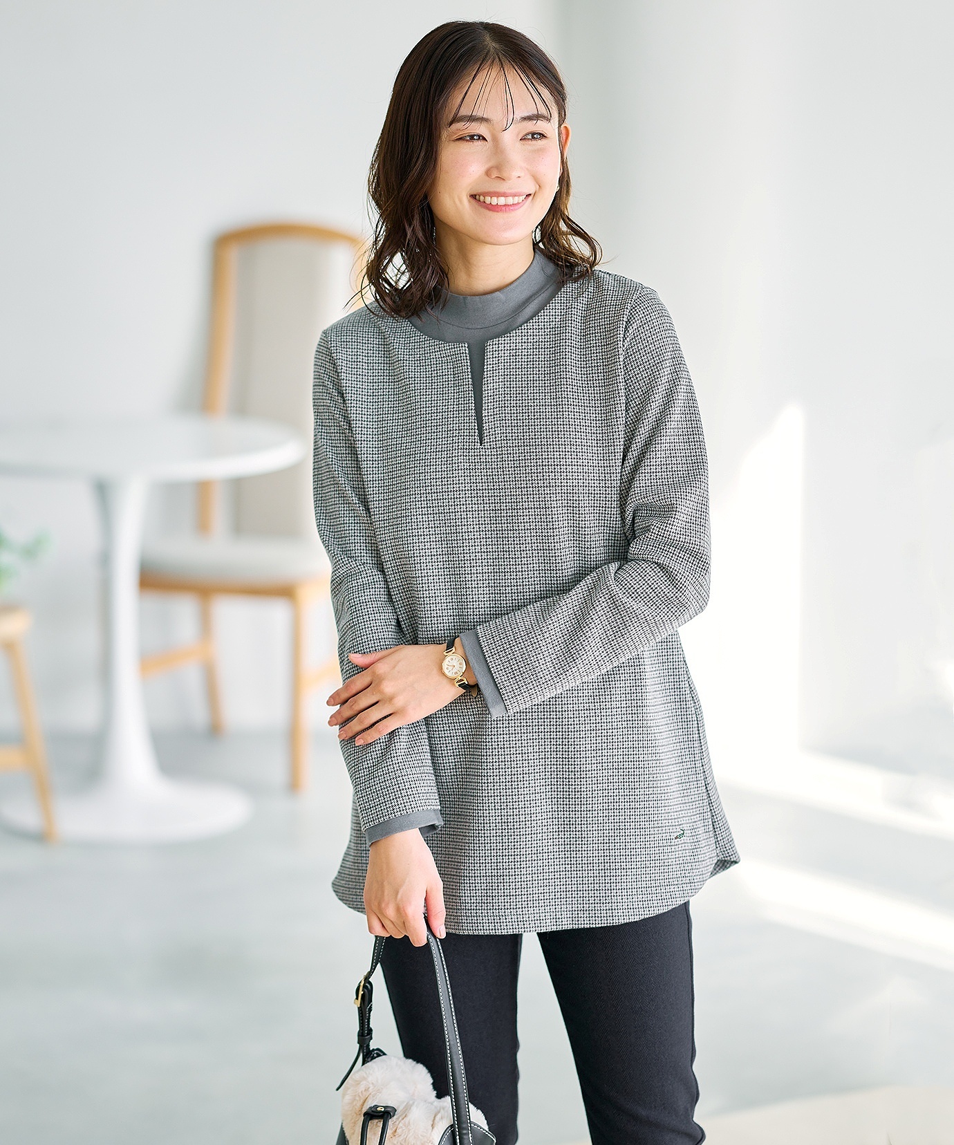 レディース 千鳥柄 ドッキング チュニック通販 [0302-56203