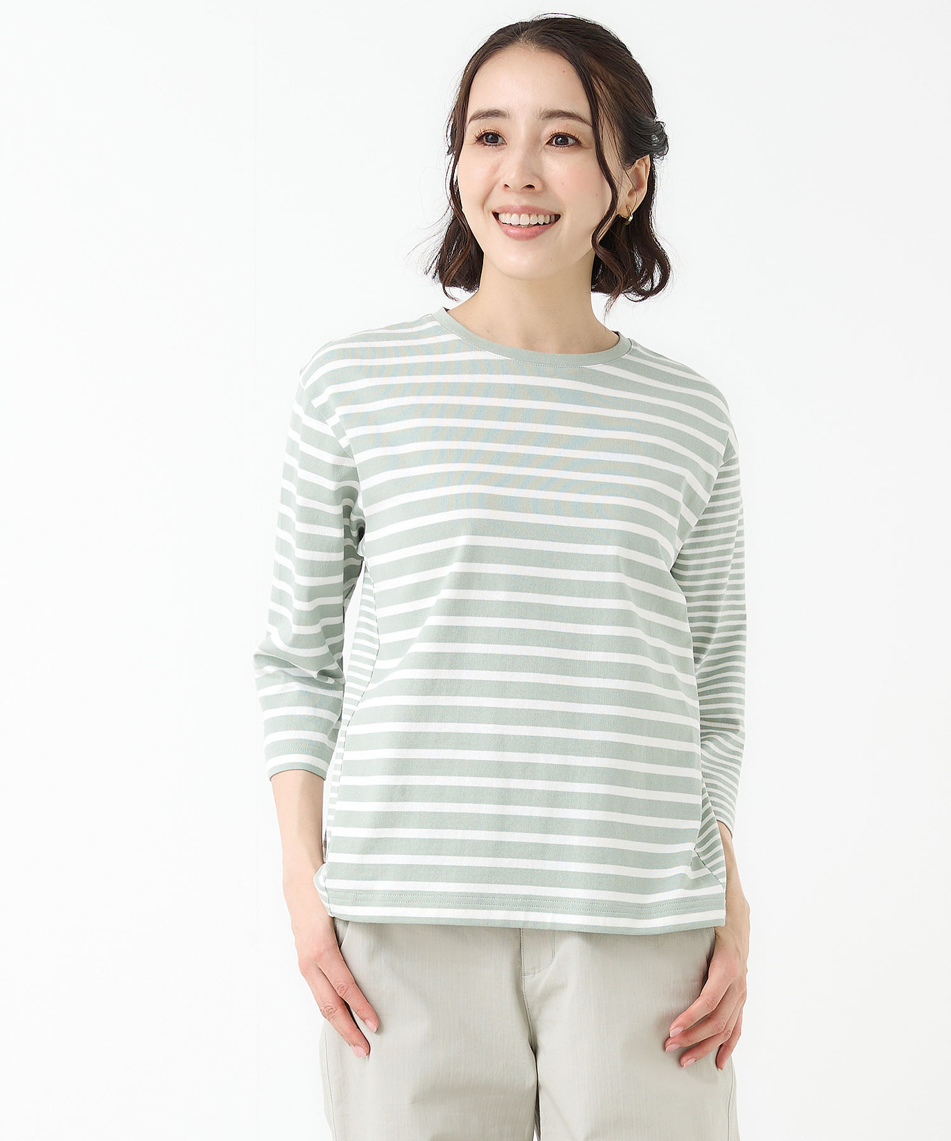 レディース ボーダー 切り替え 七分袖Tシャツ通販 [0302-63201