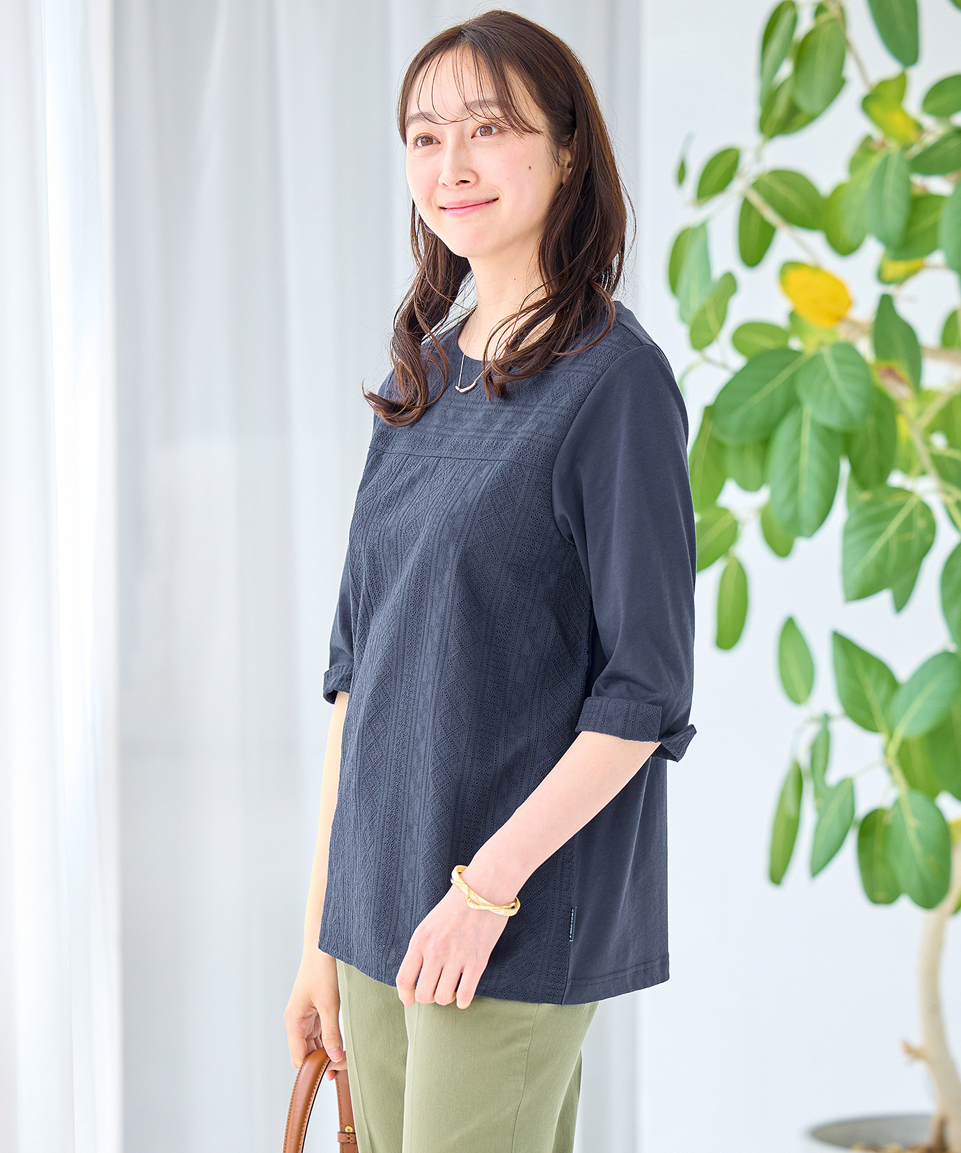 レディース 刺繍切り替え 七分袖 カットソー通販 [0302-63216