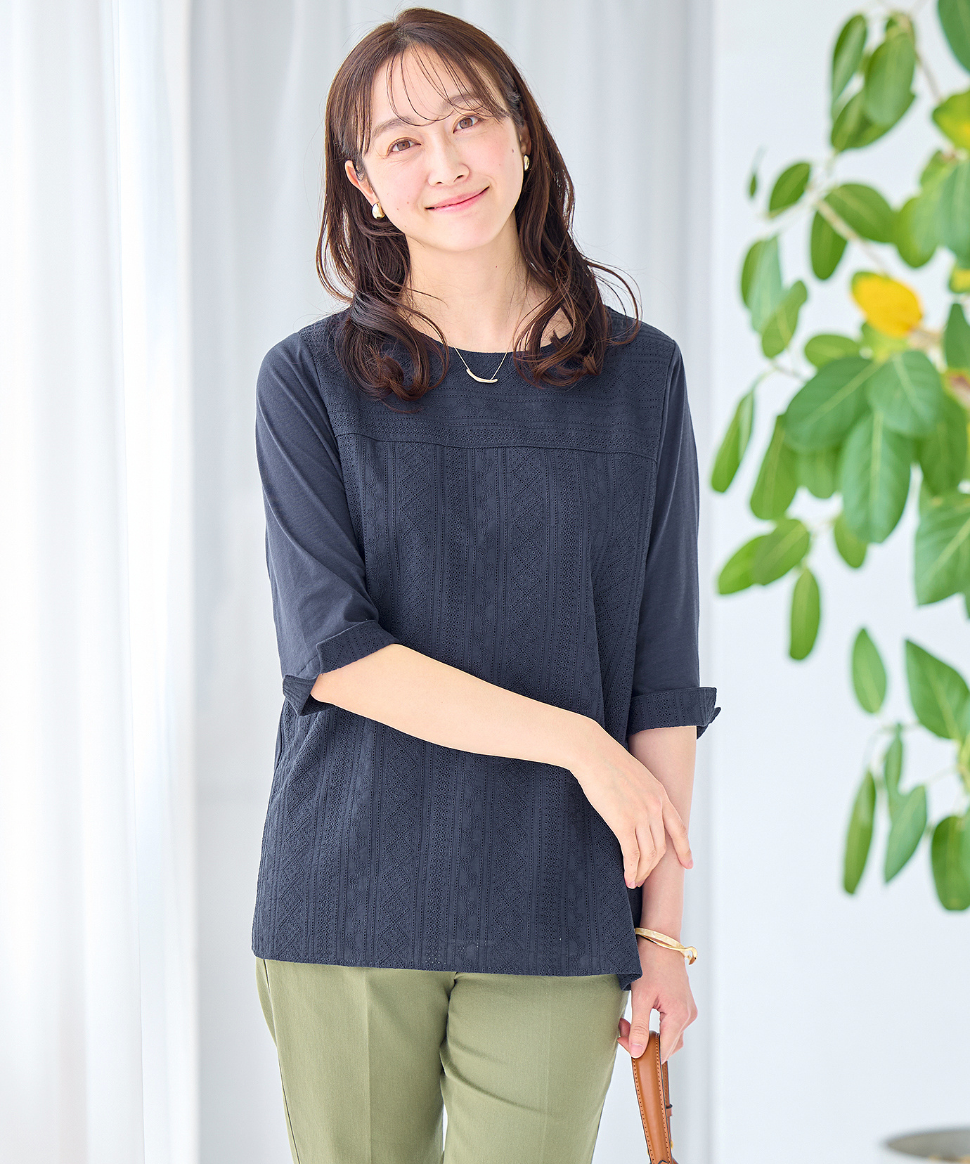レディース 刺繍切り替え 七分袖 カットソー通販 [0302-63216