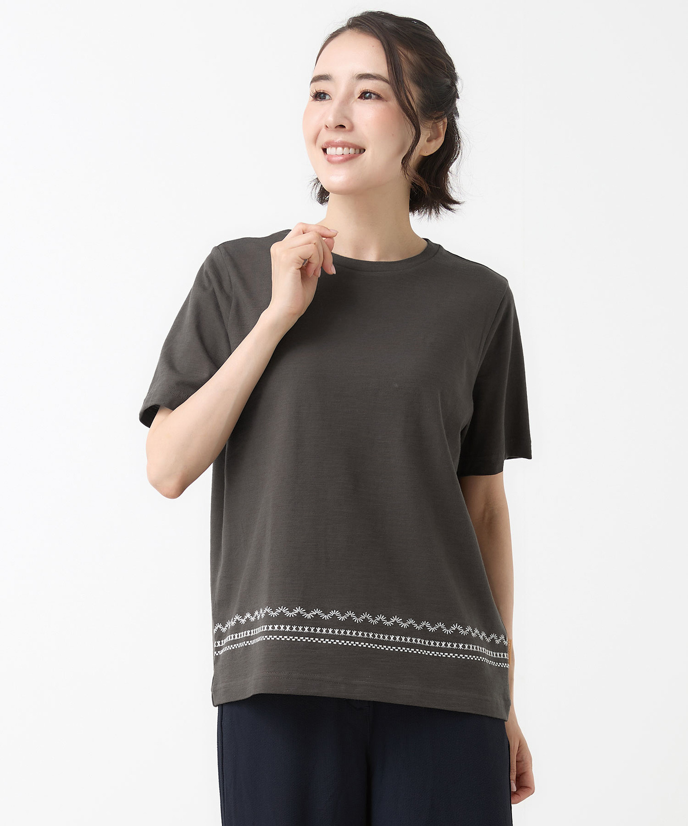 レディース 裾刺繍 スラブ天竺 Tシャツ通販 [0302-63229