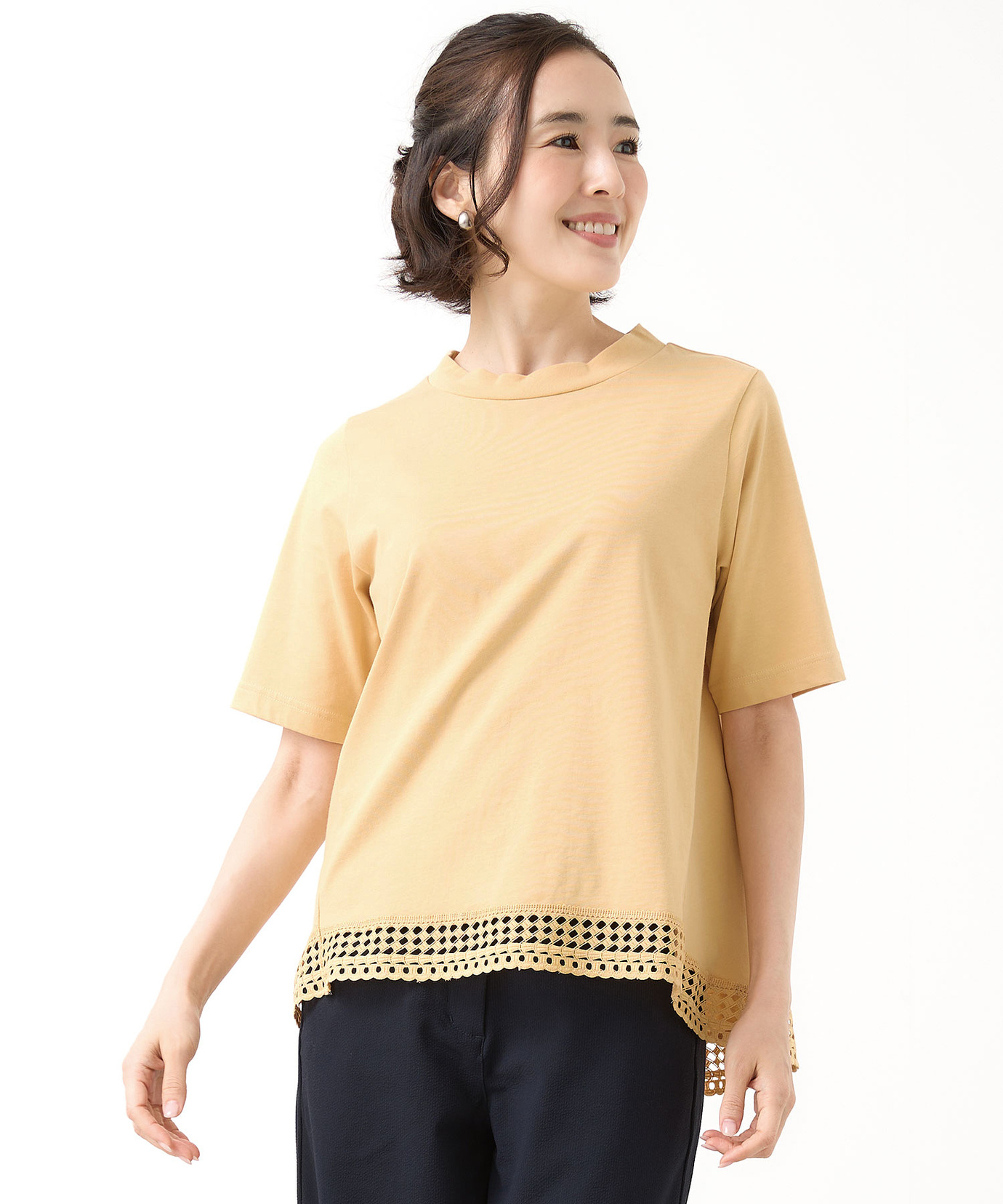 お値下げ　イエロー 半袖カットソー ウェーブ加工 レディース 裾レース 半袖 Tシャツ通販 [0302-64205] - クロコダイル