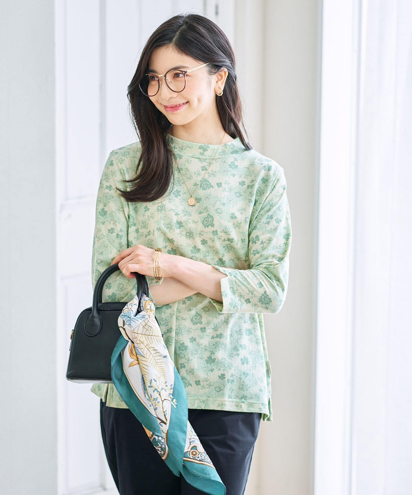 LEONID 花柄 長袖Tシャツ モスグリーングレー レディース 花柄プリント 七分袖 Tシャツ通販 [0302-65205