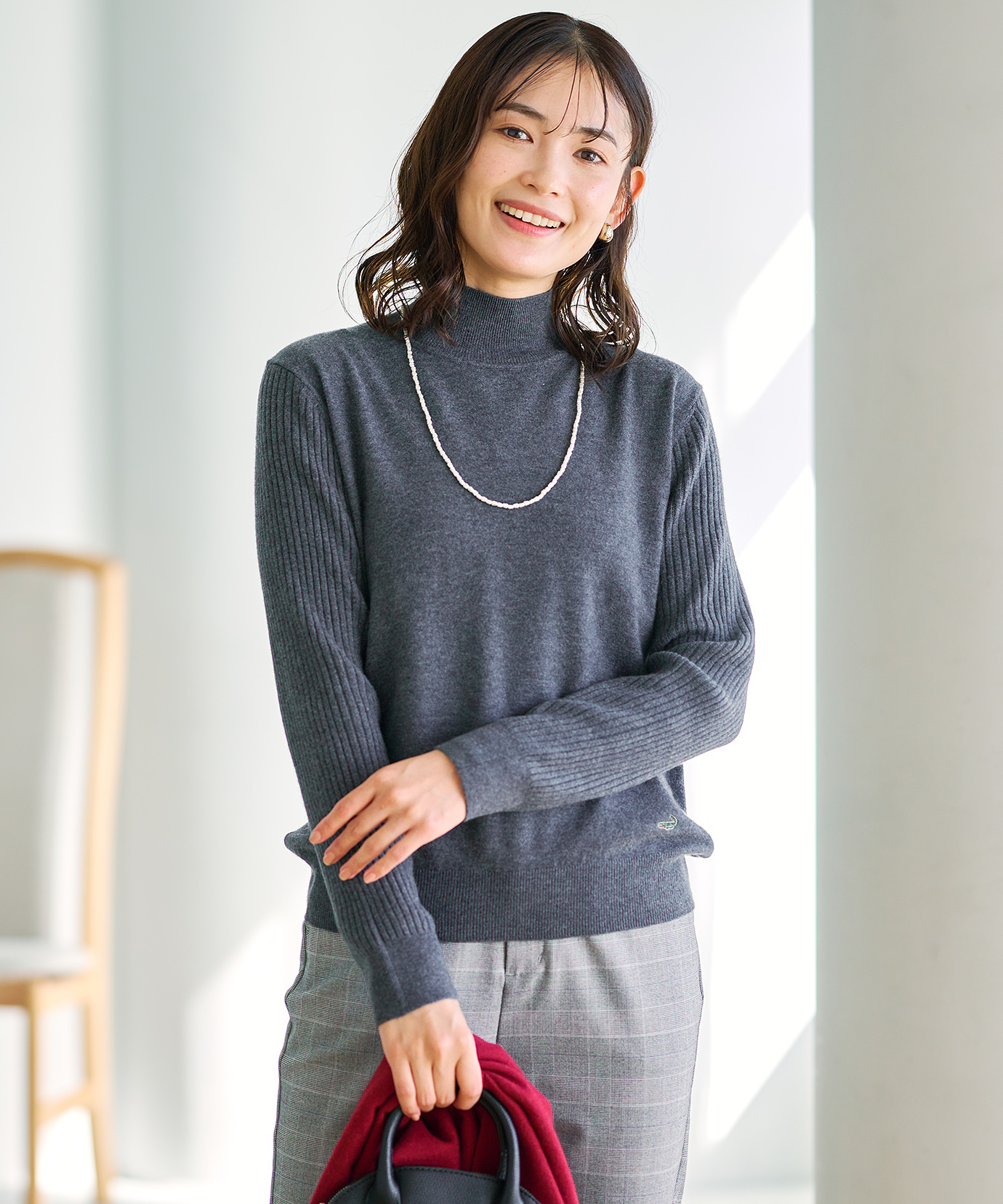 レディース ウールブレンド アゼハイネック ニットカットソー【手洗い