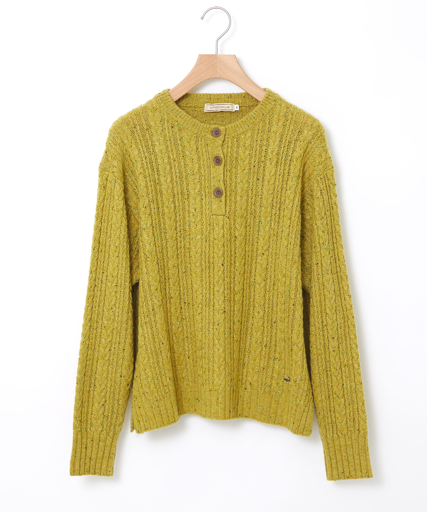 美品 モラビト　ウール100%ニット　金ボタン　イエロー　38 ミックスニット・ボタン使いボートネック/DoCLASSE